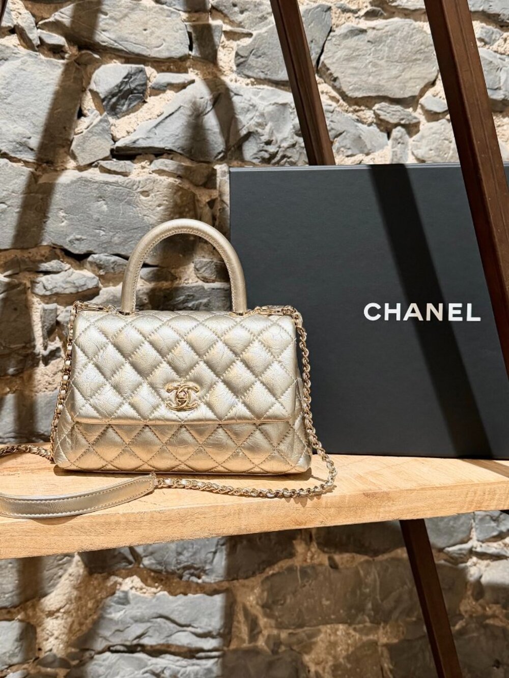 Chanel 20A Metallic Gold Aged Calfskin Small Coco Handle GHW Bag